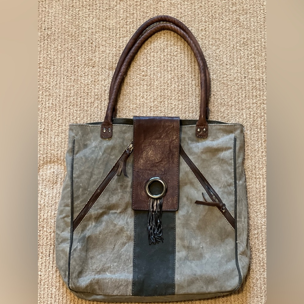 Mona B Upcycled and Recycled Canvas Tote Bag with Vegan Leather.